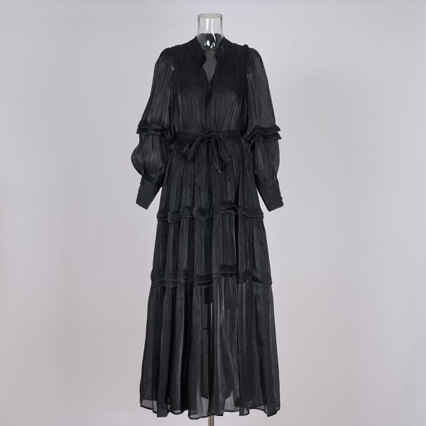 Multi-Layer Pleated Long Dress with Semi-Open Collar & Cinched Waist - Image 7