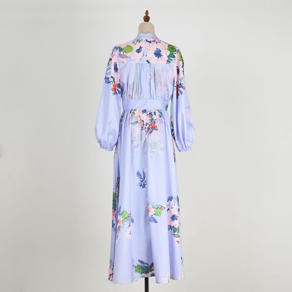 Holiday Printed V-Neck Lantern Sleeve Cinched Waist Fairy Dress - Image 2