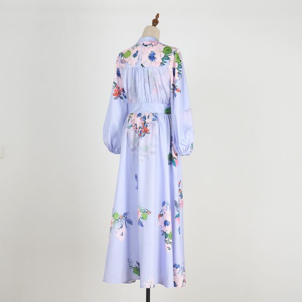 Holiday Printed V-Neck Lantern Sleeve Cinched Waist Fairy Dress - Image 4