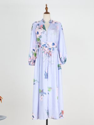 Holiday Printed V-Neck Lantern Sleeve Cinched Waist Fairy Dress