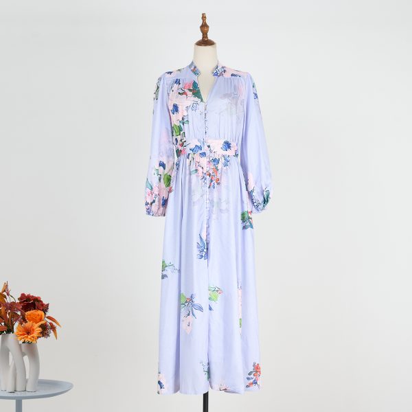 Holiday Printed V-Neck Lantern Sleeve Cinched Waist Fairy Dress