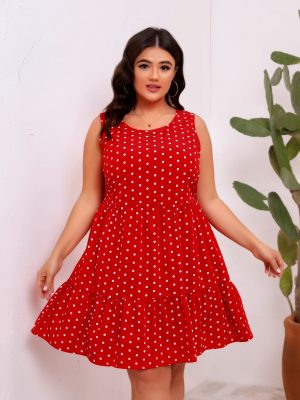 Sleeveless Polka Dot Ruffled Dress – Loose Fit Round Neck Large Hem