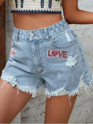 Embroidered Casual High Waist Raw Hem Ripped Denim Shorts for Women