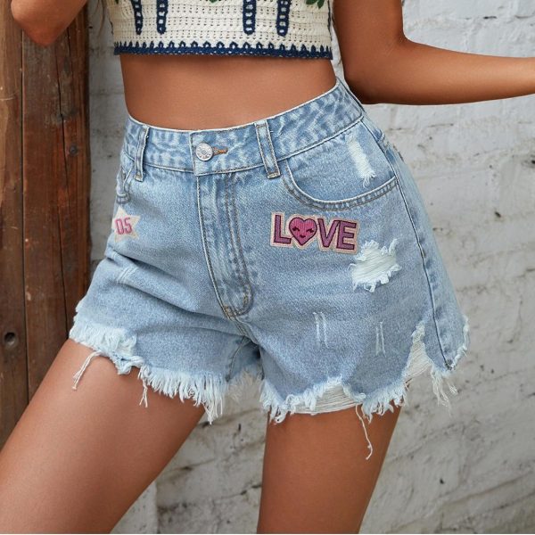 Embroidered Casual High Waist Raw Hem Ripped Denim Shorts for Women