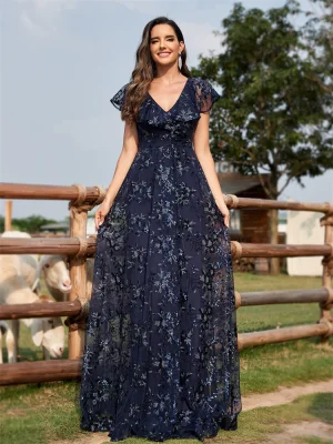 V-Neck Sequin Evening Dress – Flare Sleeve Party Gown