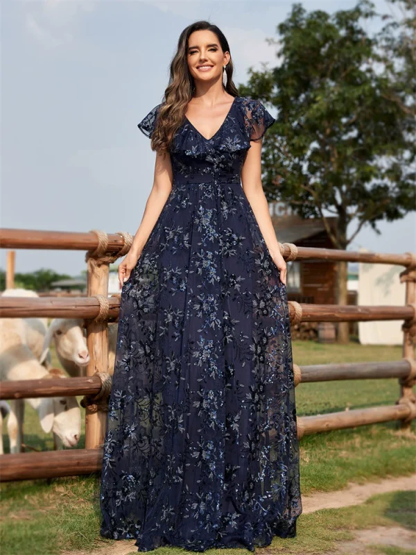 V-Neck Sequin Evening Dress - Flare Sleeve Party Gown