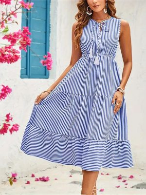 Button Striped Sleeveless Maxi Dress for Women