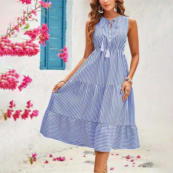 Button Striped Sleeveless Maxi Dress for Women