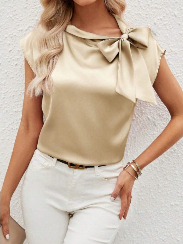 Half Open Collar Bow Satin Top