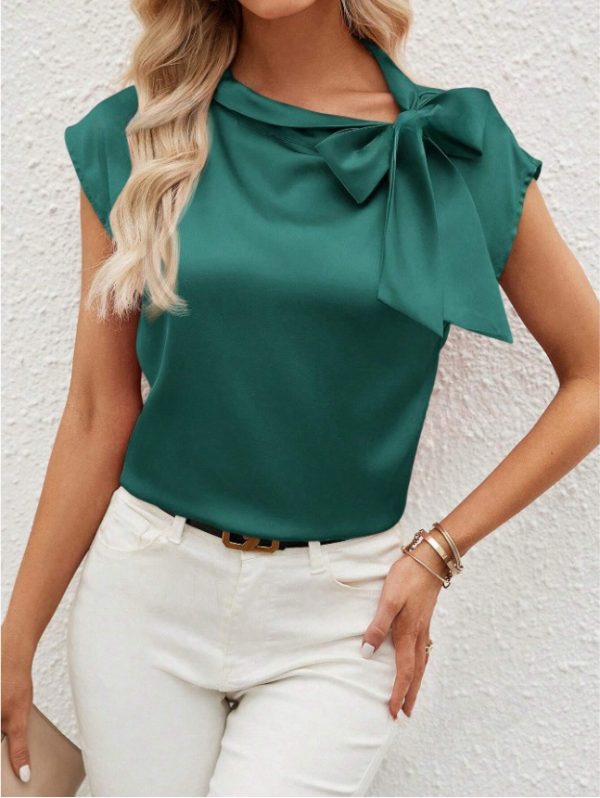 Half Open Collar Bow Satin Top - Image 2