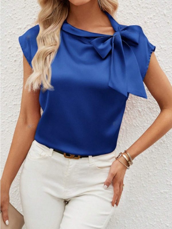 Half Open Collar Bow Satin Top - Image 3