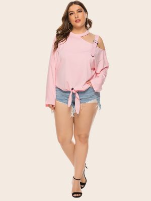 Plus Size Bow Shoulder Strap Long Sleeve T-Shirt