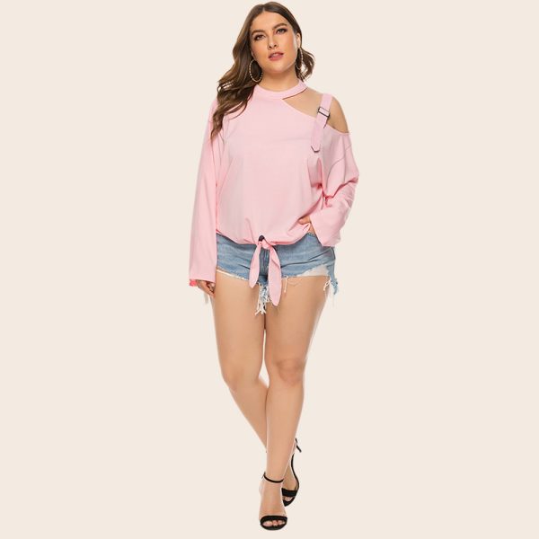 Plus Size Bow Shoulder Strap Long Sleeve T-Shirt