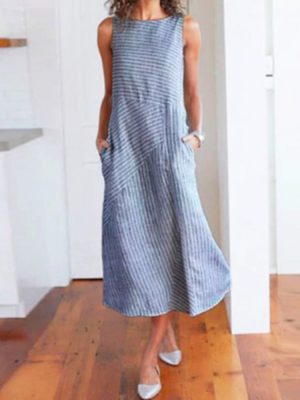 Striped Round Neck Sleeveless Plus Size Slim Dress