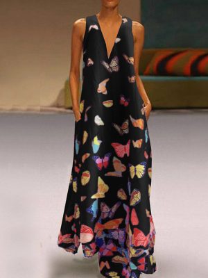 Summer Butterfly Print Bohemian Beach Maxi Dress