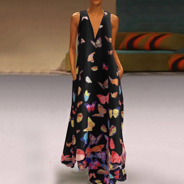 Summer Butterfly Print Bohemian Beach Maxi Dress