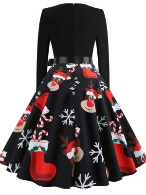 Christmas Retro Big Hem Long Sleeve Dress with Crew Neck