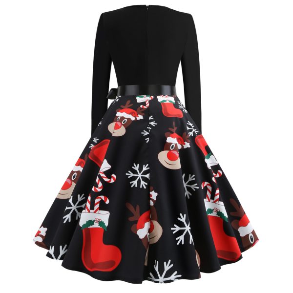 Christmas Retro Big Hem Long Sleeve Dress with Crew Neck