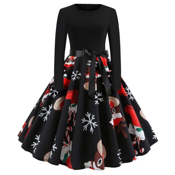 Christmas Retro Big Hem Long Sleeve Dress with Crew Neck - Image 2