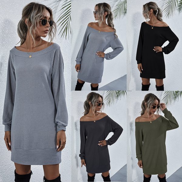 Solid Color Long Sleeve Off-the-Shoulder Knitted Dress for Women - Image 4