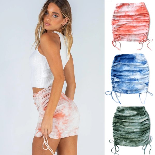 Elastic Pleated Knitted Skirt with Sunken Stripe & Side Drawstring - Image 5