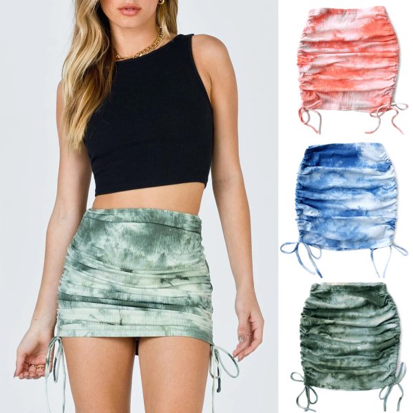 Elastic Pleated Knitted Skirt with Sunken Stripe & Side Drawstring - Image 2