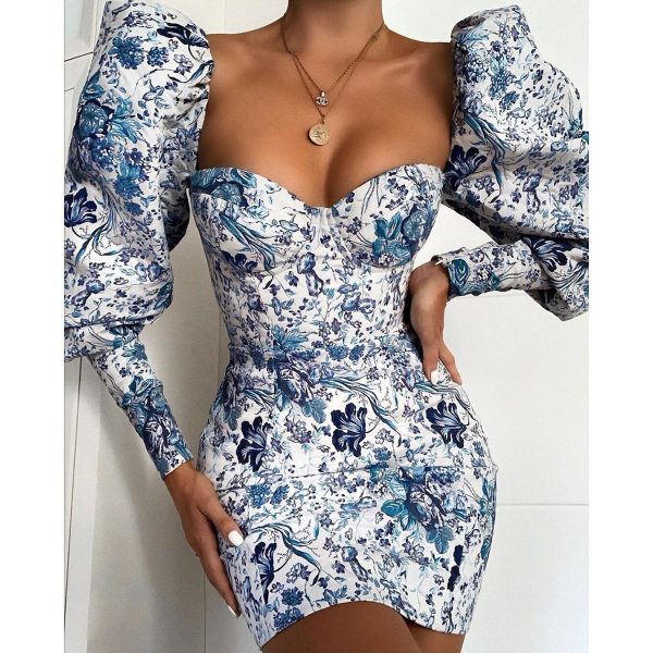 Printed Puff Sleeve Wrapped Chest Sheath Slim Dress