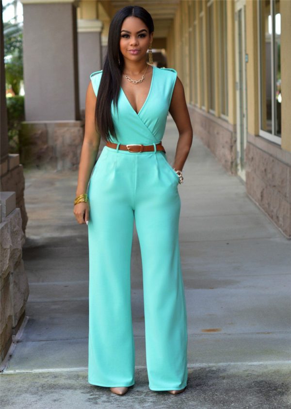 Sexy V-Neck High Waist Wide-Leg Jumpsuit with Belt - Image 2