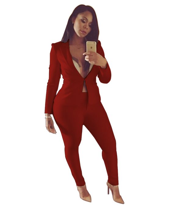 Plus Size Solid Color Long Sleeve Work Suit – Two-Piece Set - Image 4