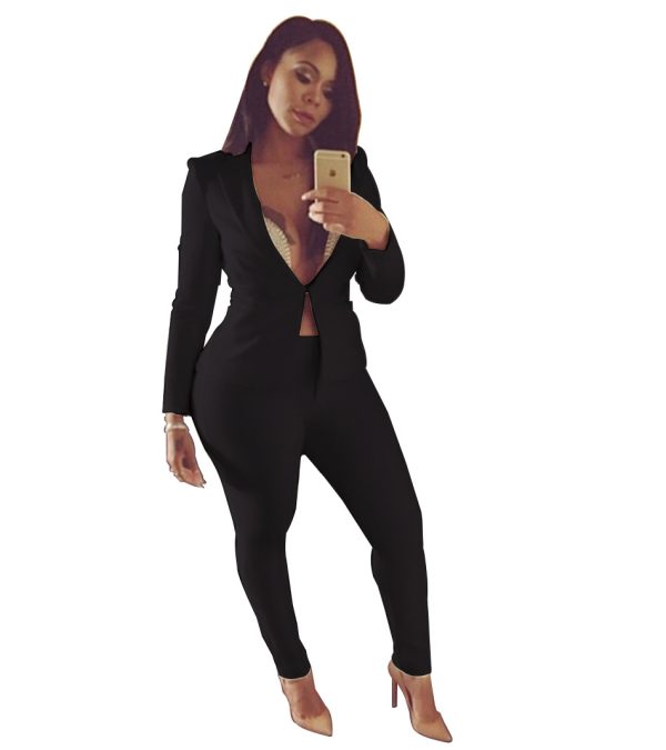 Plus Size Solid Color Long Sleeve Work Suit – Two-Piece Set - Image 3