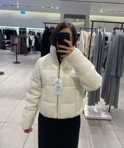 Women’s Winter Cotton Padded Stand Collar Knitted Short Jacket photo review