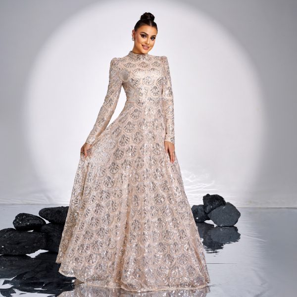 High-End Long Sleeve Crew Neck Sequined Cocktail Evening Dress for Women - Image 2