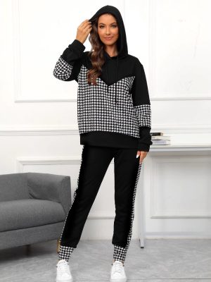 Spring Autumn Houndstooth Hooded Sports Set