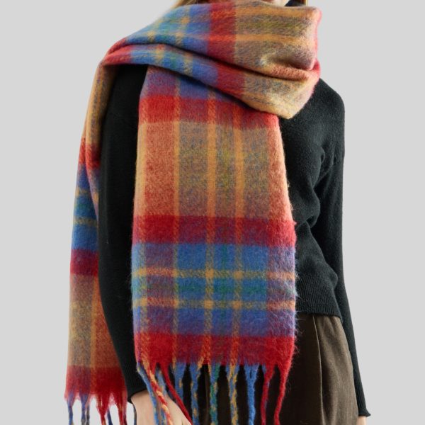 Rainbow Plaid Mohair Tassel Scarf for Women - Image 3