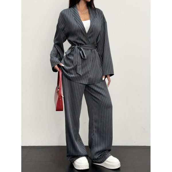 Women Clothing Cardigan Long Sleeve Shirt Wide Leg Trousers Striped Casual Two-Piece Set