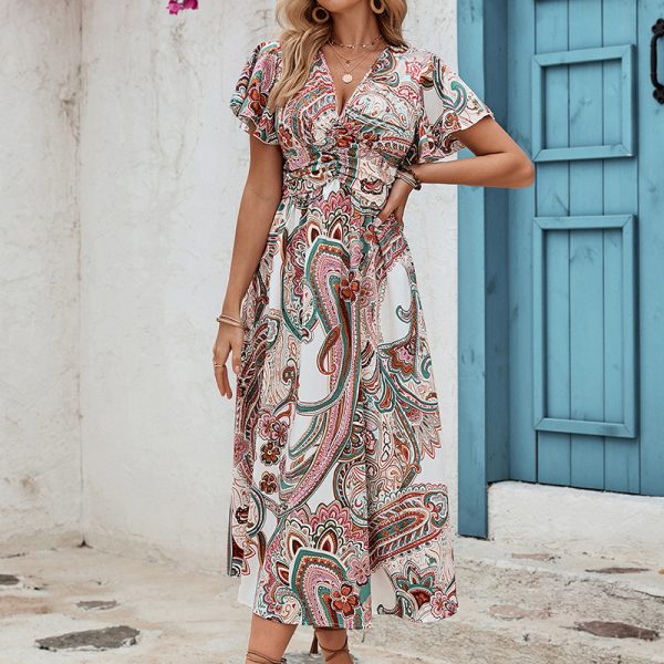 Spring Summer Bohemian V-Neck Ruffle Casual Holiday Dress