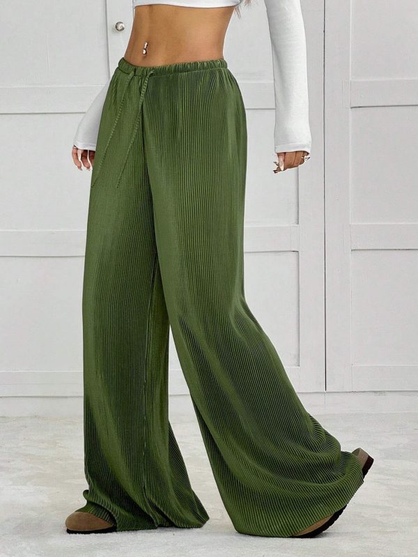 Casual Green Pleated Loose Trousers for Spring Summer - Image 2