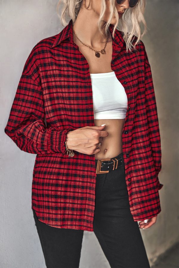 Autumn Winter Loose Puff Sleeve Plaid Shirt for Women - Image 3