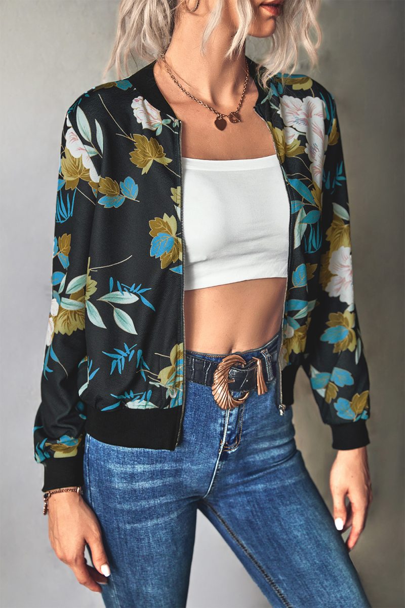Autumn Winter Women’s Printed Thread Collar Zip Long Sleeve Coat - Image 3
