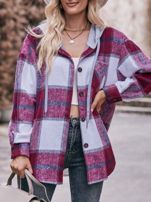 Women’s Autumn Winter Hooded Casual Plaid Shirt Jacket