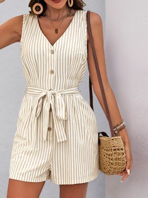 Women’s Summer V-Neck Striped Jumpsuit