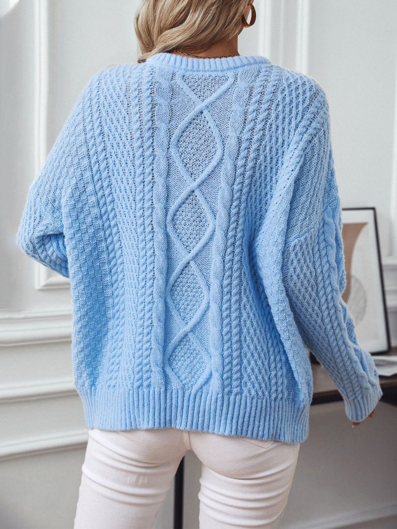 Solid Color Cable Knit Loose Pullover Sweater for Women - Image 2