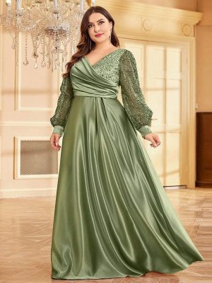 Plus Size Satin V-Neck Long Sleeve Sequin Maxi Evening Dress