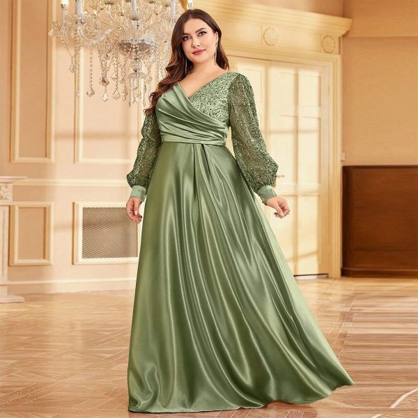 Plus Size Satin V-Neck Long Sleeve Sequin Maxi Evening Dress