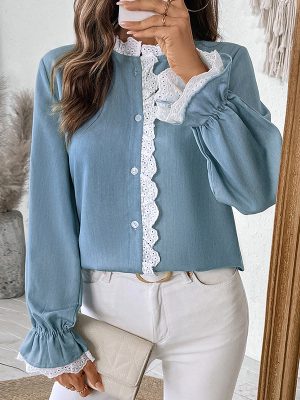 Women’s Spring Autumn Single-Breasted Blue Cardigan Shirt with Lace Collar