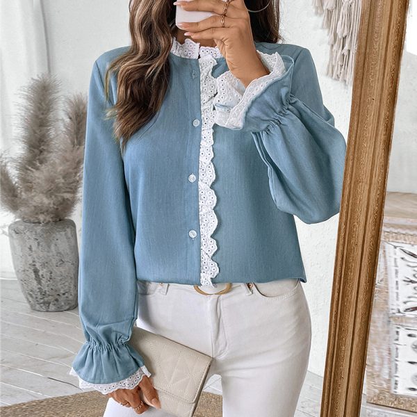 Women’s Spring Autumn Single-Breasted Blue Cardigan Shirt with Lace Collar