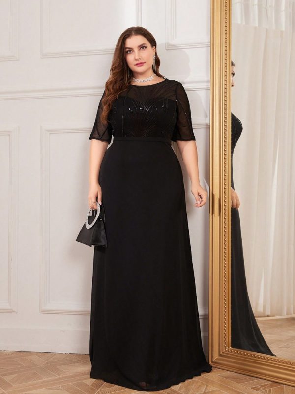 Plus Size Short Sleeve Sequin Chiffon Maxi Fishtail Bridesmaid Cocktail Evening Dress - Image 3