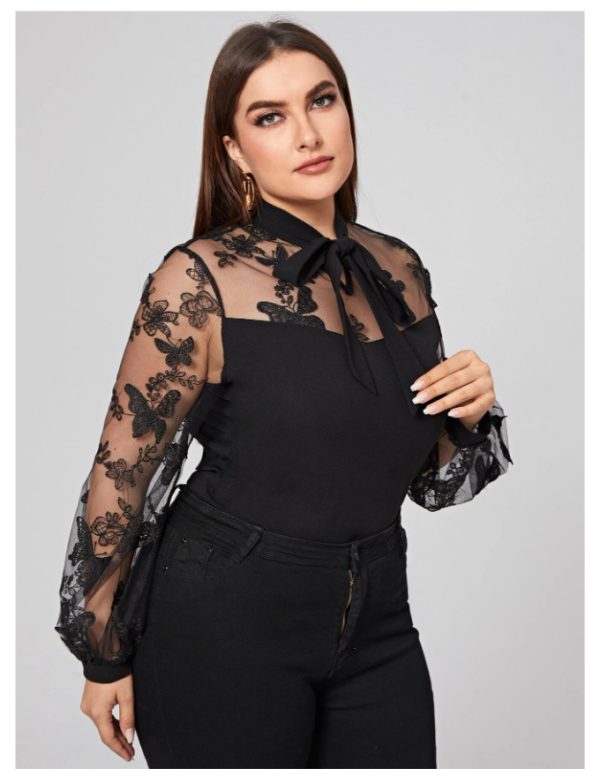 Plus Size Mesh Stitching Lace-Up Long Sleeve Shirt - Image 3