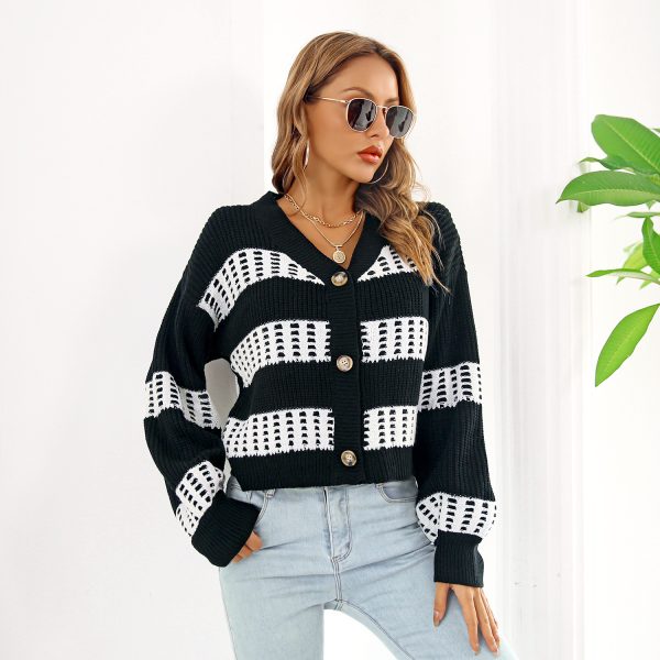 Women Autumn Winter Lantern Sleeve Contrast Color Cardigan Sweater - Image 2