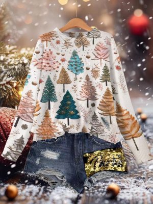 Printed Pullover Crew Neck Sweater – Casual Loose Fit for Autumn & Winter